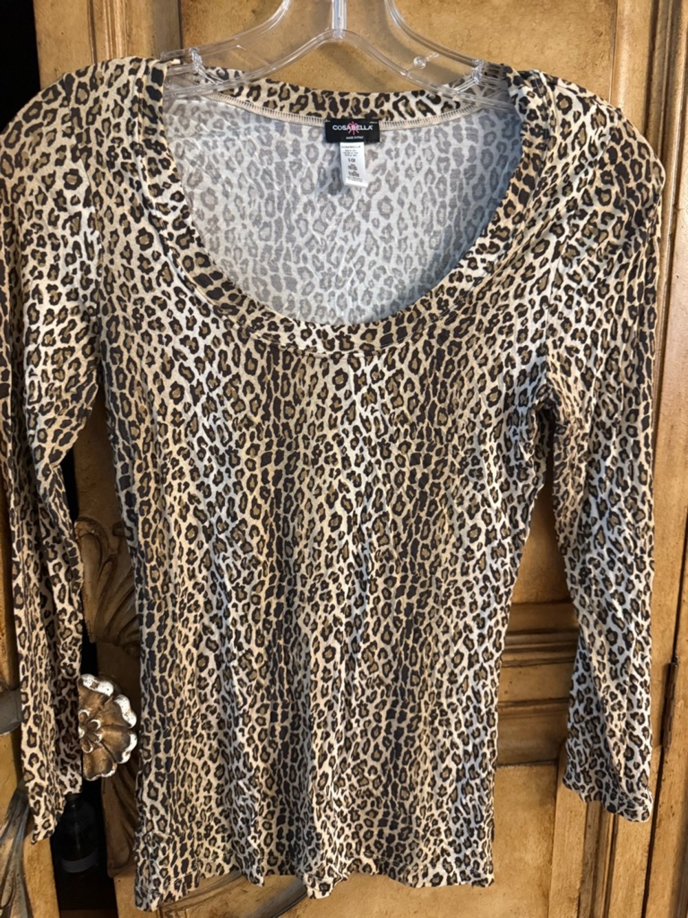 Cosabella Beige and Black Leopard Print Long Sleeve Scoop Neck Top